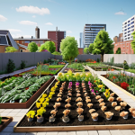 **

A vibrant urban garden scene. Show a before-and-after transformation of a neglected green space into a thriving community garden. Focus on the practical skills of a gardener at work, planting flowers or tending to a vegetable patch, with modern buildings visible in the background. The composition should highlight the impact of a skilled gardener on the urban environment.

**