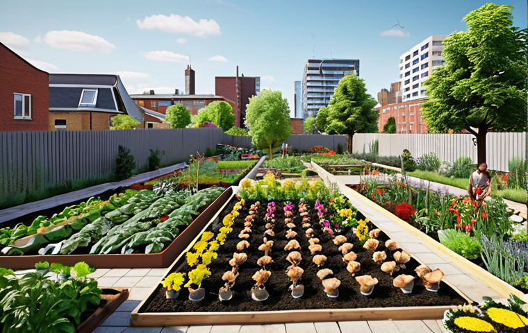 **
A vibrant urban garden scene. Show a before-and-after transformation of a neglected green space into a thriving community garden. Focus on the practical skills of a gardener at work, planting flowers or tending to a vegetable patch, with modern buildings visible in the background. The composition should highlight the impact of a skilled gardener on the urban environment.
**