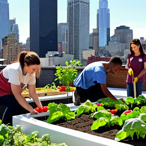 **

Urban rooftop garden, volunteers planting vegetables, city skyline in the background, sunny day, community spirit.

**