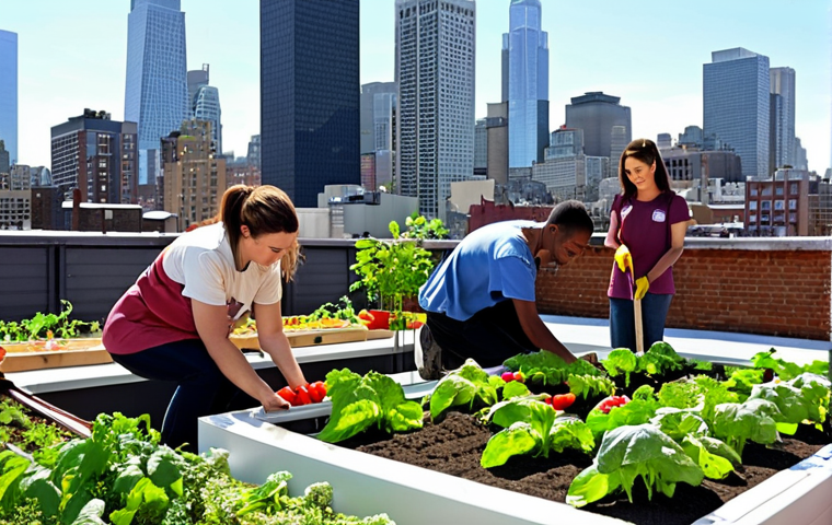 **
Urban rooftop garden, volunteers planting vegetables, city skyline in the background, sunny day, community spirit.
**